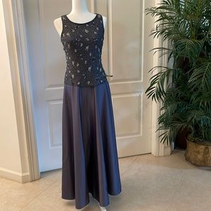 Designer Evening Gown, Gorgeous Charcoal color Beaded top, Open Back.